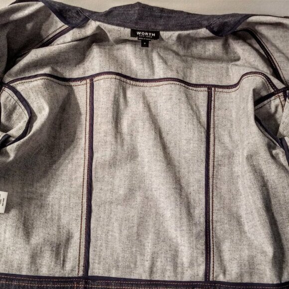 Worth Blue Denim Camel Leather Pocket Zip Jacket - Picture 6 of 9